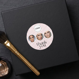 Blush Pink Stripe 3 Photo MUA Thank You Salon Classic Round Sticker