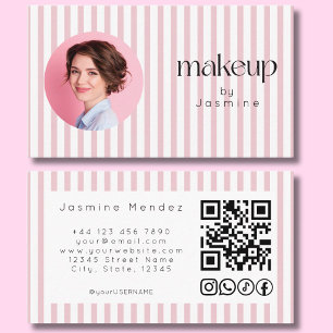 Blush Pink Stripe Photo MUA QR Code Social Icons B Business Card
