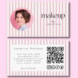 Blush Pink Stripe Photo MUA QR Code Social Icons Business Card