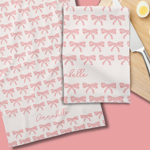 Blush pink striped bows tea towel