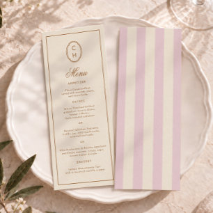 Blush Pink Striped Monogram Long Wedding Menu Invitation