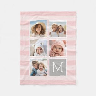 Blush Pink Stripes - 5 Photo Collage Monogram Fleece Blanket