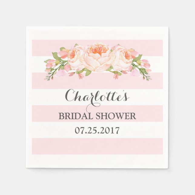 Blush Pink Stripes Floral Bridal Shower Napkin (Front)