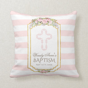 Blush Pink Stripes Floral Gold Baptism Monogram Cushion