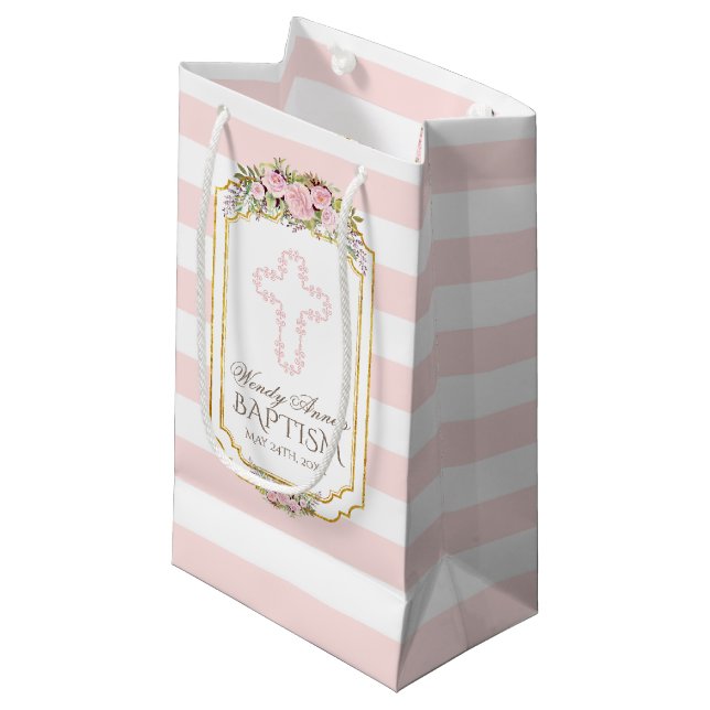 Blush Pink Stripes Floral Gold Baptism Monogram Small Gift Bag (Front Angled)