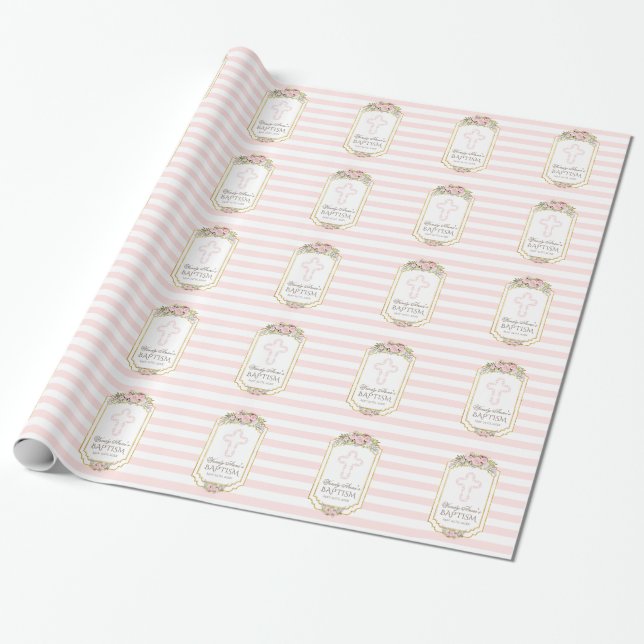Blush Pink Stripes Floral Gold Baptism Monogram Wrapping Paper (Unrolled)