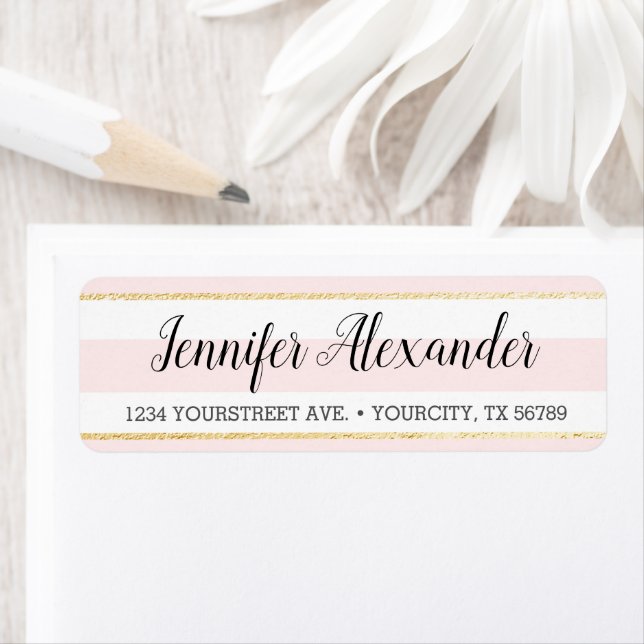 Blush Pink Stripes Gold Faux Foil Return Address Label (Insitu)