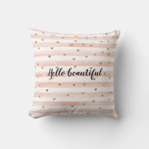Blush Pink Stripes Gold Hearts Cushion