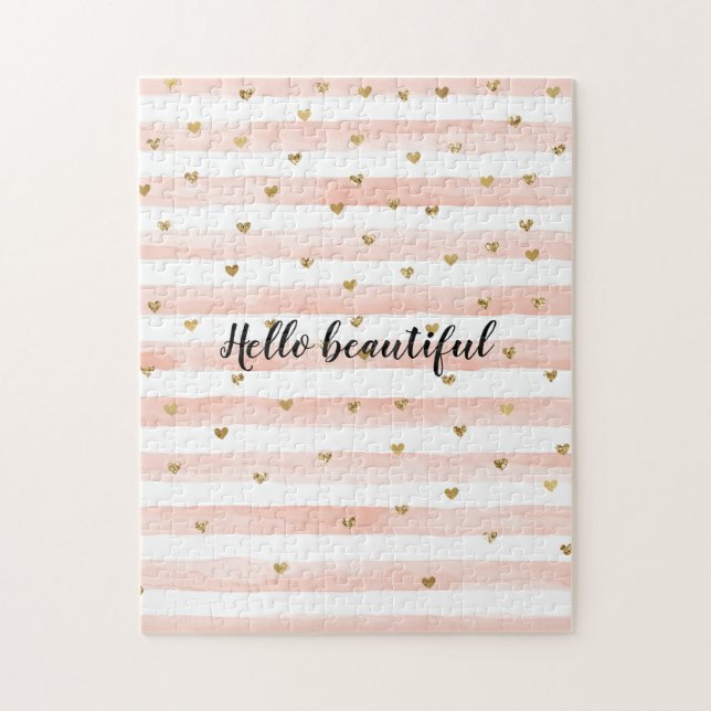 Blush Pink Stripes Gold Hearts Jigsaw Puzzle (Vertical)
