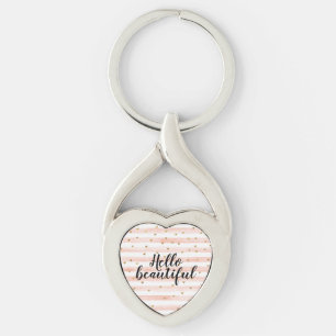 Blush Pink Stripes Gold Hearts Key Ring
