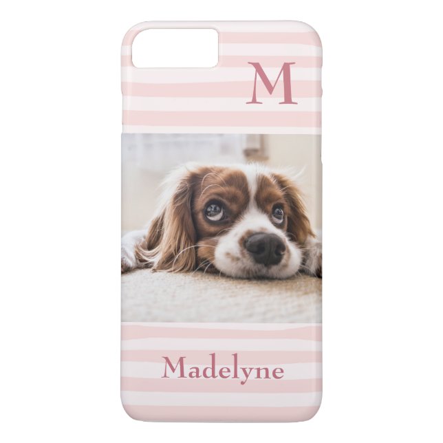Blush Pink Stripes Monogram Photo Personalised Case-Mate iPhone Case (Back)