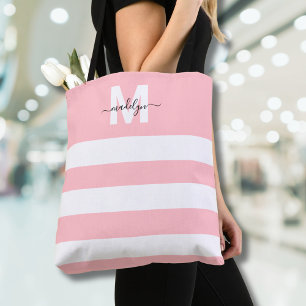 Blush Pink Stripes Name Monogrammed Tote Bag