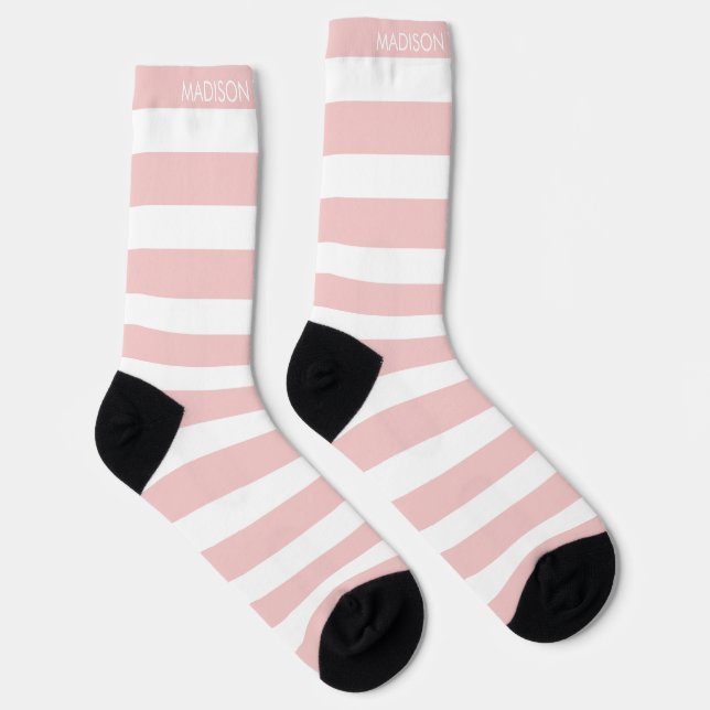 Blush Pink Stripes Pattern Custom Name Socks (Right)