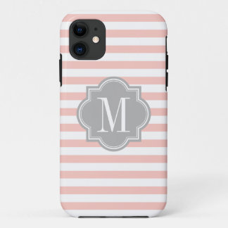 Blush Pink Stripes with Grey Monogram iPhone 11 Case