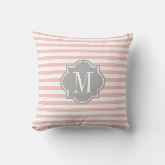 Blush Pink Stripes with Grey Monogram Cushion (Front)