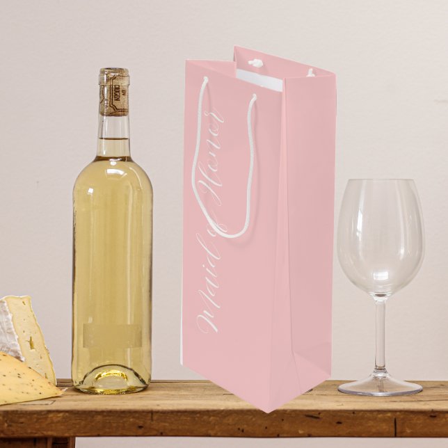Blush Pink Stylised Script Maid of Honour Wine Gift Bag (In Situ)