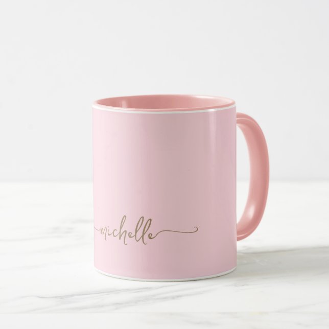 Blush Pink Stylish Gold Monogram Signature Script Mug (Front Right)