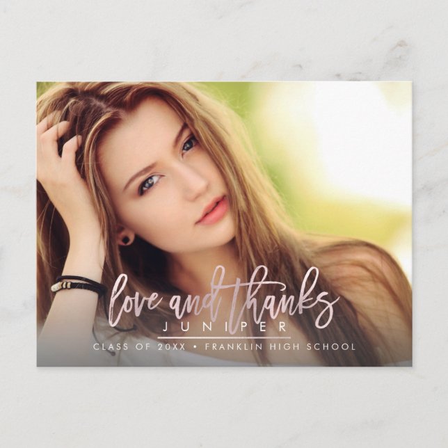 Blush Pink Stylish Script Graduation  Love+Thank Postcard (Front)