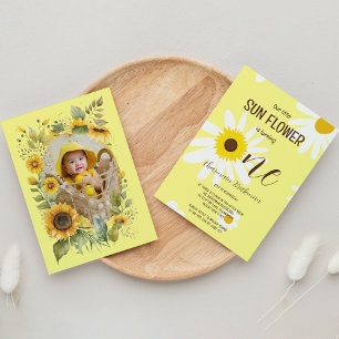 Blush Pink Sun Flower 1st Birthday Photo Invitation