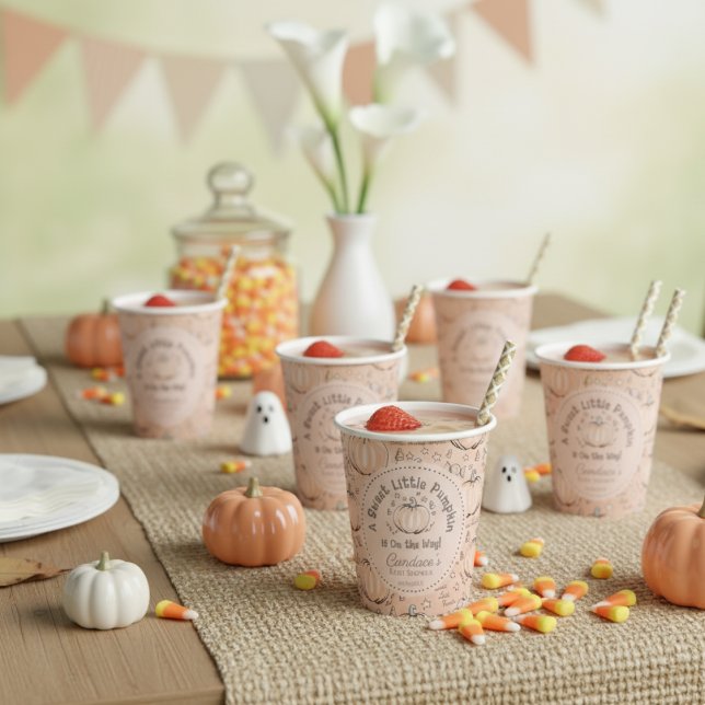 Blush Pink Sweet Little Pumpkin Fall Baby Shower Paper Cups (Sweet Little Pumpkin Halloween or Fall Baby Shower Paper Cups in Pastel Pink. Cute Pumpkins & Candy)