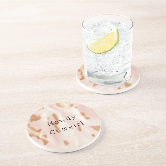 Blush Pink Tan Southwest Faux Cowgirl Cowhide Coaster (Side)