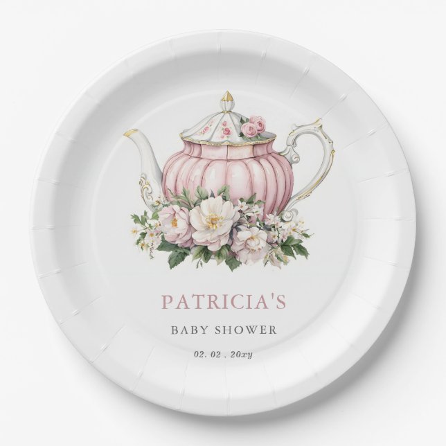 Blush Pink Tea Party Girl Baby Shower  Paper Plate (Front)