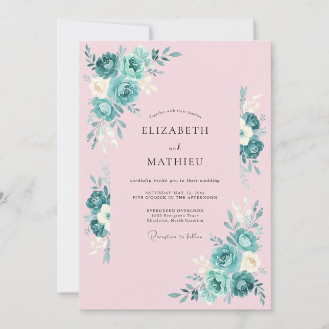 Blush Pink Teal Botanical Wedding Invitation (Front)