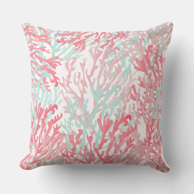 Blush pink teal coral hand painted reef floral cushion (Front)