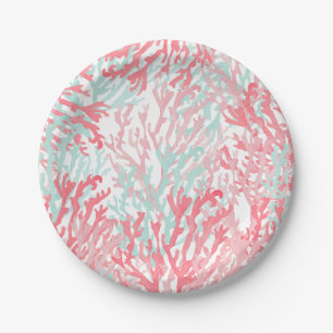 Blush pink teal coral hand painted reef floral paper plate