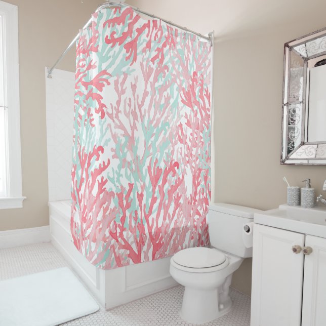 Blush pink teal coral hand painted reef floral shower curtain (In Situ)