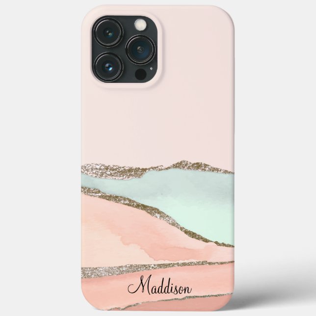 Blush Pink Teal Glitter Ombre Marble Monogram Case-Mate iPhone Case (Back)