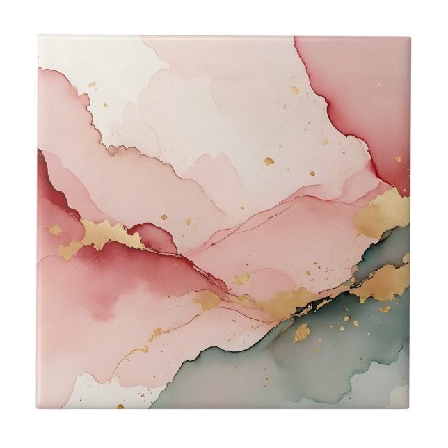 Blush Pink Teal Gold Abstract Ceramic Tile (Front)