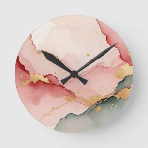 Blush Pink Teal Gold Abstract Round Clock
