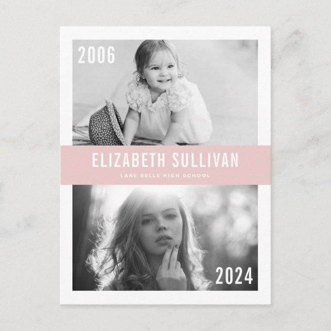 Blush Pink Then and Now Photo Collage Graduation Announcement Postcard (Front)