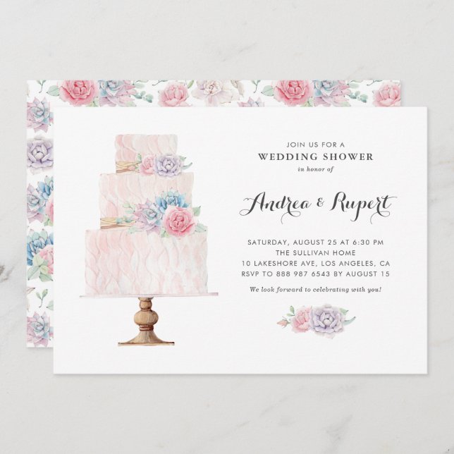 Blush Pink Tiered Cake Succulents Wedding Shower Invitation (Front/Back)