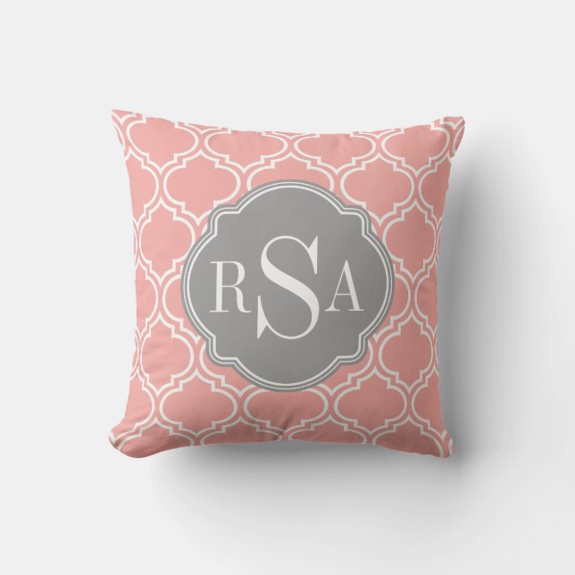 Blush Pink Tile Lattice Pattern Grey Monogram Cushion (Front)