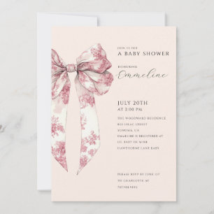 Blush Pink Toile Bow Baby Shower  Invitation