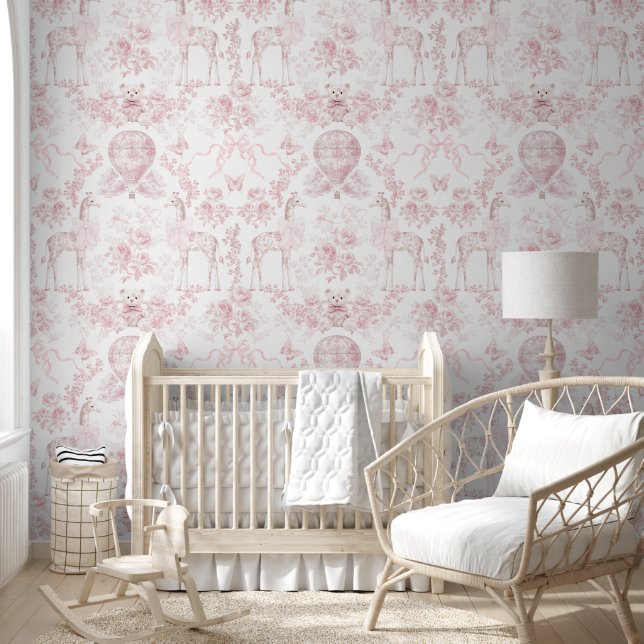 Blush Pink Toile Bow Giraffe Elegant Classic Wallpaper (Kids)