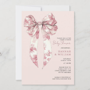 Blush Pink Toile Coquette Ribbon Girl Baby Shower Invitation
