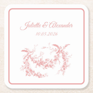 Blush Pink Toile de Jouy Wedding Paper Coasters
