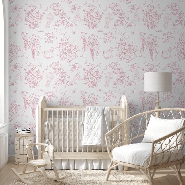Blush Pink Toile Floral Teddy Bear Elegant Classic Wallpaper (Kids)