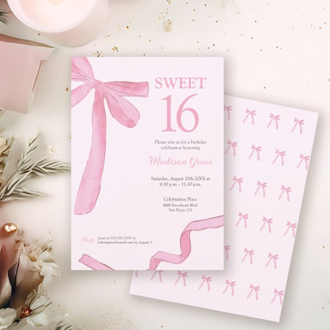 Blush Pink trendy Bow Ribbon Coquette Sweet 16  Invitation (Coquette Blush pink ribbon bow Sweet 16 birthday invitation in print and digital download.)
