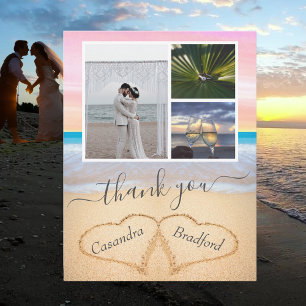 Blush Pink  Tropical Beach Hearts in Sand Wedding Thank You Card