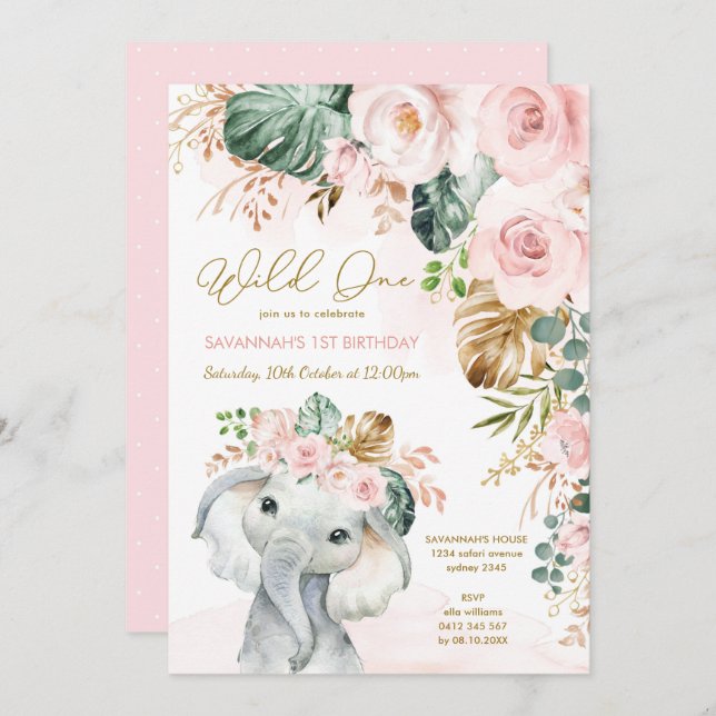 Blush Pink Tropical Floral Elephant 1st Birthday Invitation (Front/Back)