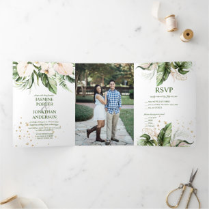 Blush Pink Tropical Greenery Photo Wedding  Tri-Fold Invitation