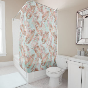 Blush Pink Tropical Leaves and Teal Shower Curtain