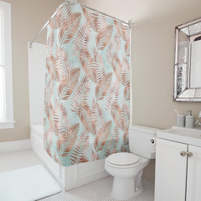 Blush Pink Tropical Leaves and Teal Shower Curtain (In Situ)