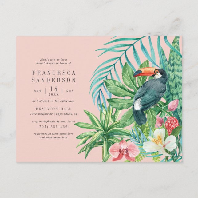 Blush Pink & Tropical Leaves Modern Bridal Shower Invitation Postcard (Front)
