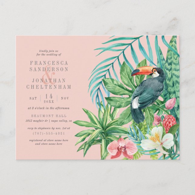 Blush Pink & Tropical Leaves Modern Wedding Invitation Postcard (Front)