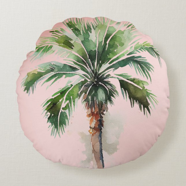 Blush Pink Tropical Palm Tree  Round Cushion (Front)